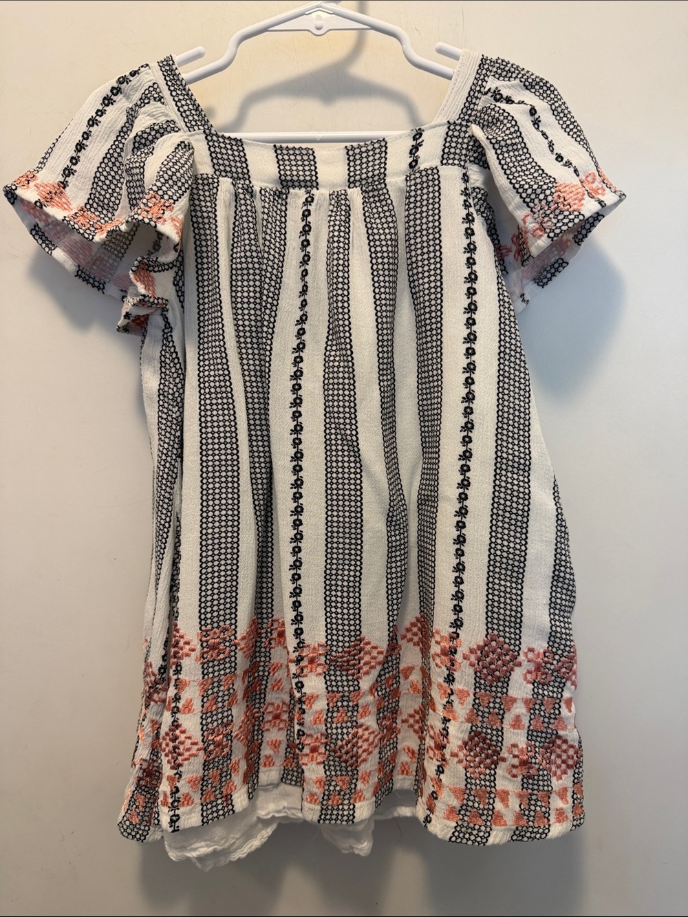 Jessica Simpson White Dress/Tunic with Black Stripes & Coral Embroidery